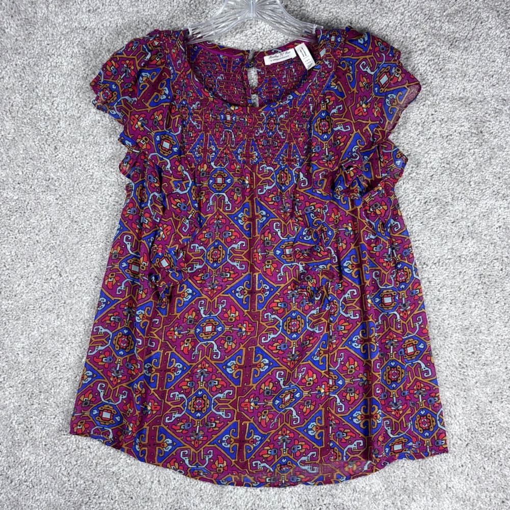 Meadow Rue Anthropologie Purple Geometric Print Ruffle Sleeve Top Womens Size 2